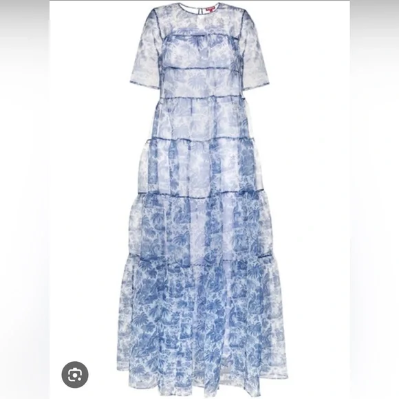 NWOT STAUD Hyacinth Crepe Organza Blue Toile Tiered Maxi Dress Small
